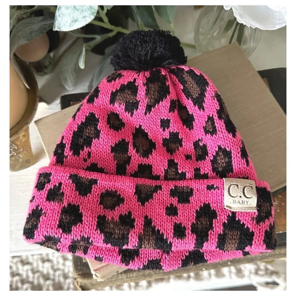 C.C Baby Infant pink leopard Leopard Knit Warm Soft Pom Beanie Hat